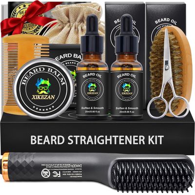 XIKEZAN Beard Kit for Men Grooming &amp; Straightening Set,w/Beard Straightener,2 Pack Oil,Balm,Comb,Scissor,Brush,Fathers Birthday Valentines Gifts for Him Dad Men Boyfriend Christmas Stocking Stuffers