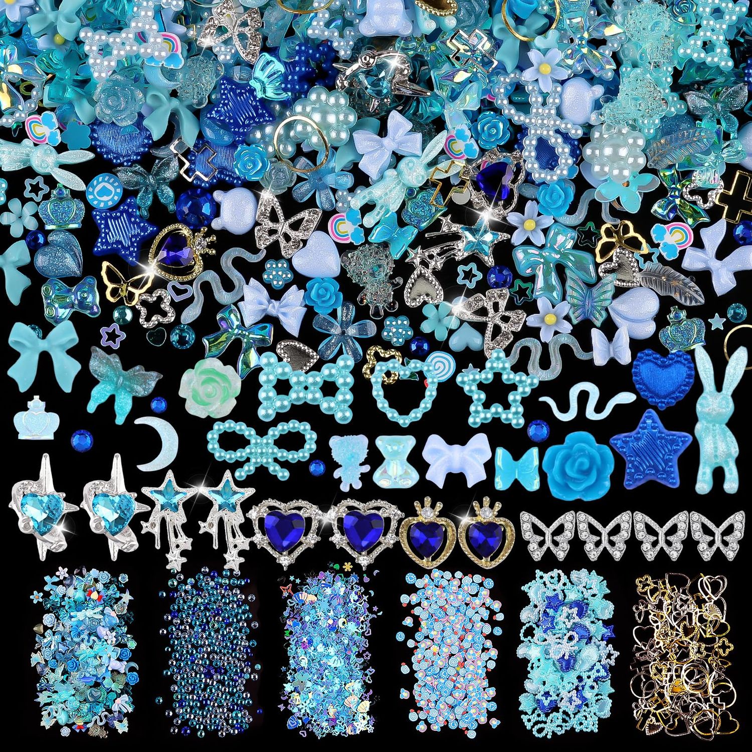 620pcs Mixed 3D Nail Charms Kit, 12pcs Luxury Metal Nail Rhinestones and 250pcs Resin Butterfly Flower Star Heart Bow Charms with 400pcs Flatback Pearls Rhinestone Metal Gems Charm (Blue)