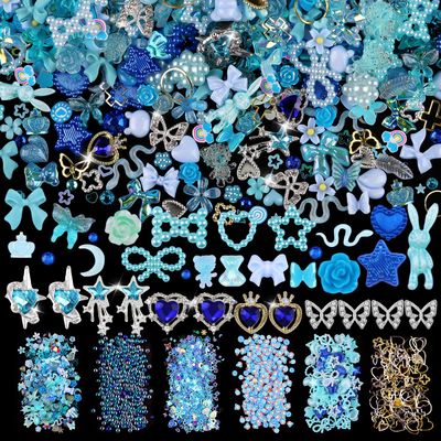 620pcs Mixed 3D Nail Charms Kit, 12pcs Luxury Metal Nail Rhinestones and 250pcs Resin Butterfly Flower Star Heart Bow Charms with 400pcs Flatback Pearls Rhinestone Metal Gems Charm (Blue)