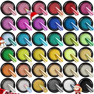 Saviland Mirror Chrome Nail Powder Set: 36 Colors Metallic Holographic Chrome Nail Powder Black Blue Silver Gold Mirror Nails Chrome Powder for Nails French Manicure Nail Art Decoration Home Salon DIY