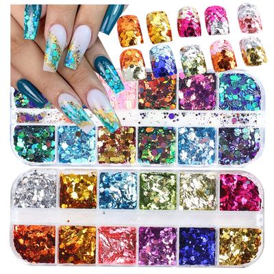 UARUOGP 2 Boxes 24 Colors Chameleon Holographic Glitter Mermaid Nail Art Sequins 3D Flakes Laser Gradient Nail Glitter Design Shiny Glitters Powder Accessories for Women Manicure DIY Decorations