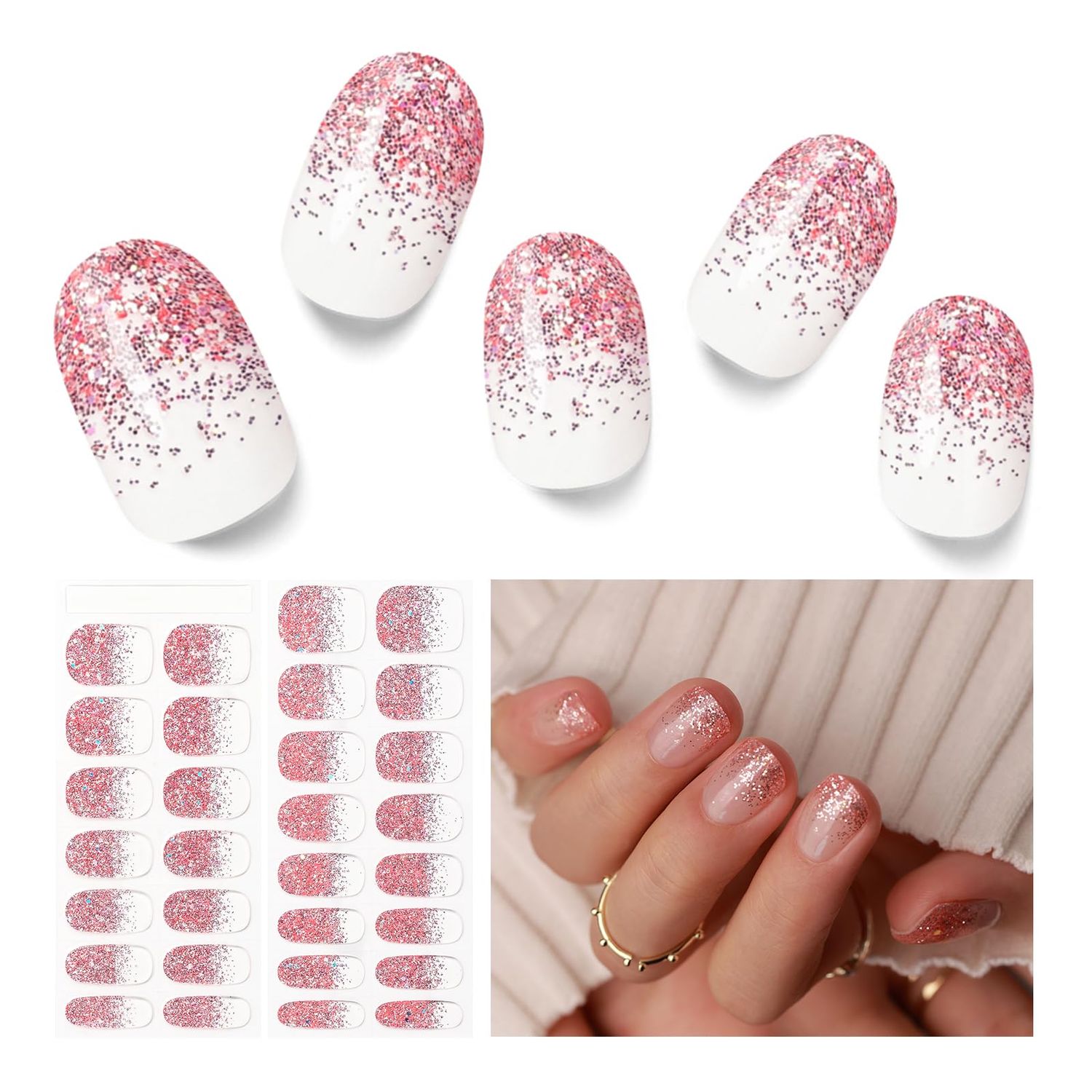 Nelikoo Semi Cured Gel Nail Strips - 30PCS Gel Nail Stickers for UV Light, Long-Lasting Gel Nail Wraps, Salon-Quality Semi Cured Nail Stickers, 2 Weeks Wear, Easy DIY Gel Manicure-Pink Stardust