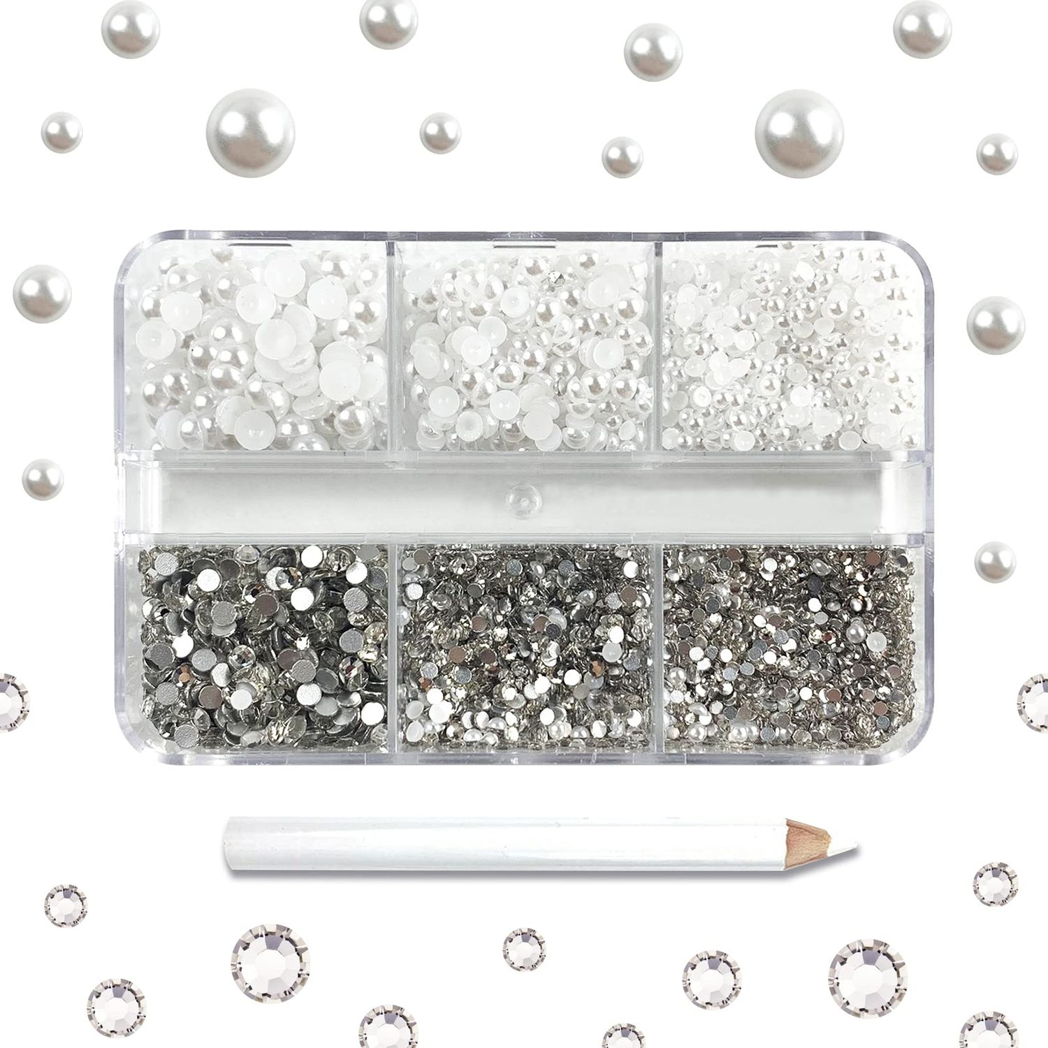 4300 Nail Rhinestones - Rhinestones &amp; Pearls, Multi Size Shiny Rhinestone Pearls for Nail Art (White PearlsWhite Rhinestones)
