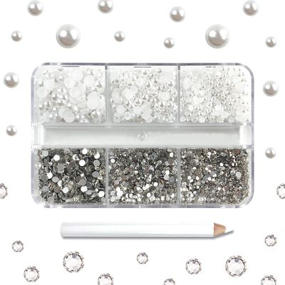 4300 Nail Rhinestones - Rhinestones &amp; Pearls, Multi Size Shiny Rhinestone Pearls for Nail Art (White PearlsWhite Rhinestones)