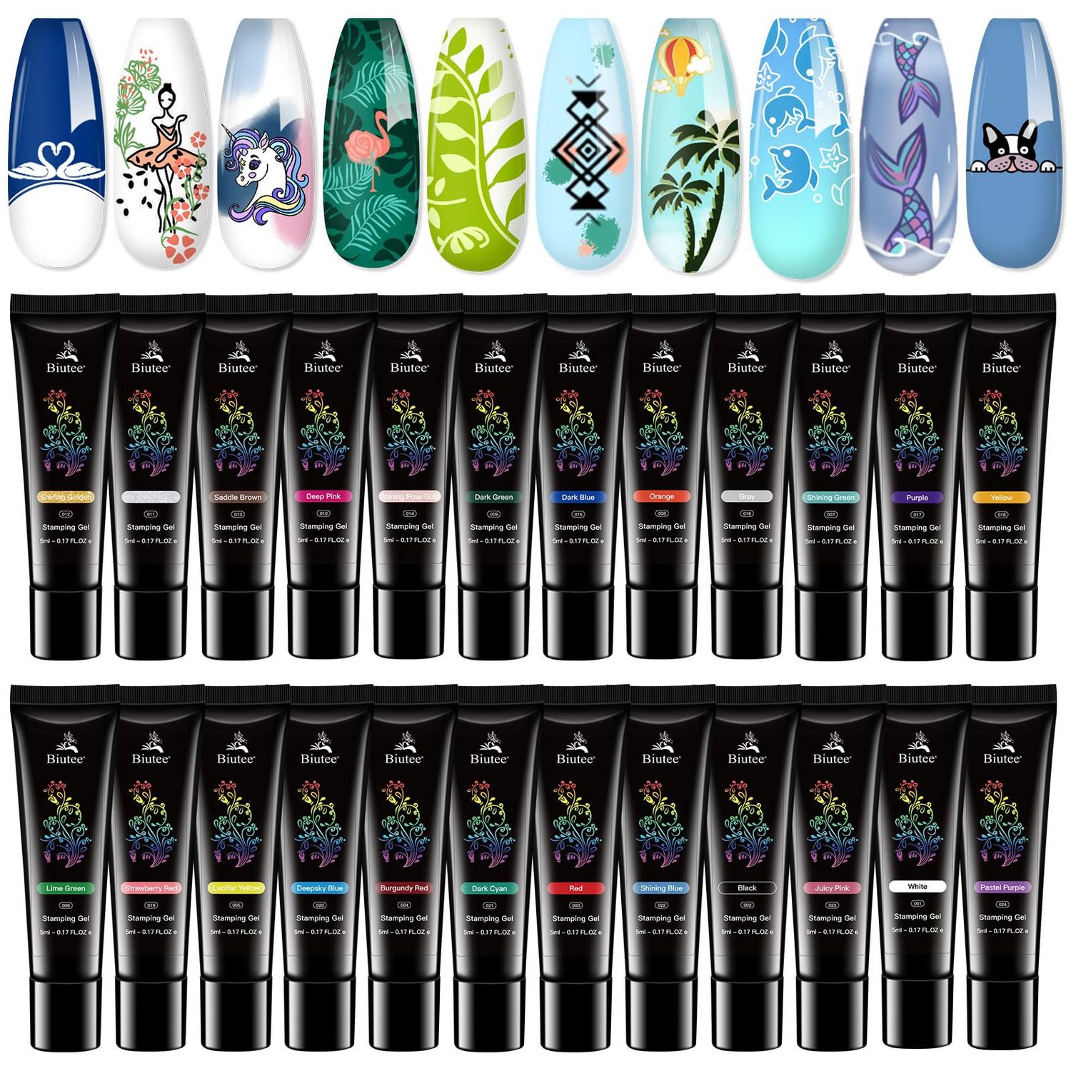 Biutee Nail Stamping Polish Gel Pack of 24 Colors 5ML UV LED Special Polish Gel Printed Nail Polish Gel Gel Polish for nail stamping plate