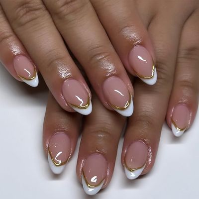 Almond Press on Nails Short White French Tip Fake Nails with Chrome Gold Line Designs Glossy Full Cover Glue on Nails Almond Shape Acrylic Nails French False Nails for Women Girls Manicure 24Pcs