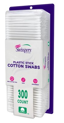 Swisspers Cotton Swabs, 100 Cotton Double-Tipped, White Plastic Sticks, 300 Count Package
