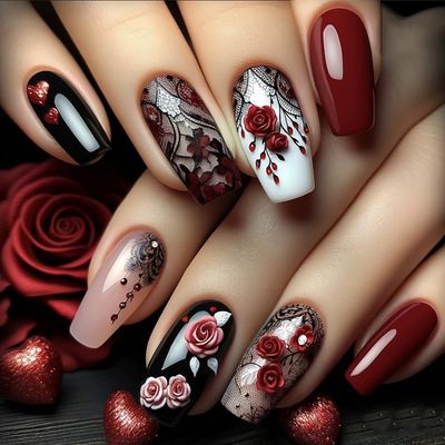 24Pcs Flower False Nails Red Press on Nails Medium Rose Flower Design Glossy Acrylic Nails Black Lace Fake Nails Valentines Coffin Nails Heart Stick on Nails Full Cover Glue on Nails for Women