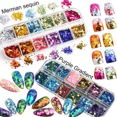 UARUOGP 2 Boxes 24 Colors Chameleon Holographic Glitter Mermaid Nail Art Sequins 3D Flakes Laser Gradient Nail Glitter Design Shiny Glitters Powder Accessories for Women Manicure DIY Decorations
