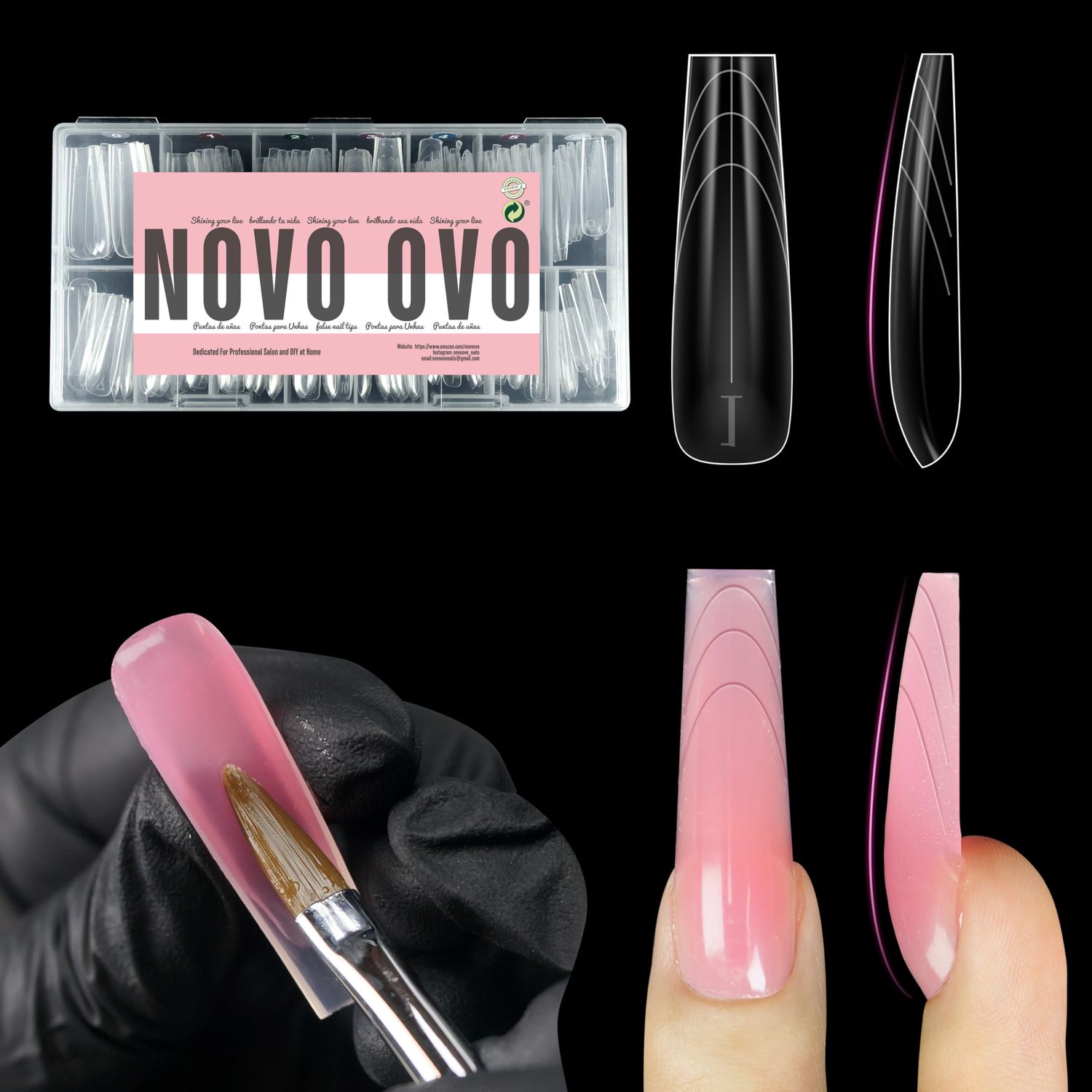NOVO OVO Tapered Square (Sculpted) Nail Dual Forms for Poly Gel Extension with Guiding Line Inside, XL XXL Reusable Full Cover Acrylic Builder Hard Gel Polygel Molds x 15 sizes 150 Pcs