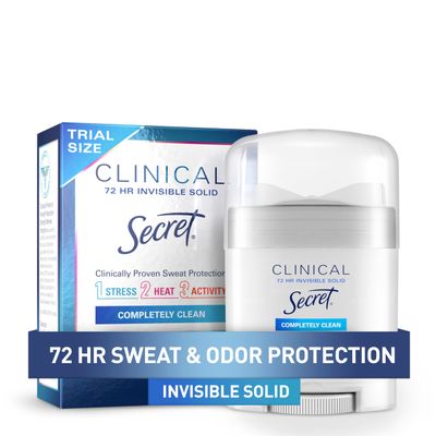 Secret Clinical Strength Antiperspirant Deodorant for Women, 3X Stress Protection, 72hr Sweat &amp; Odor Protection, PH Balancing Minerals, Invisible Solid, Completely Clean Scent, 0.5 oz