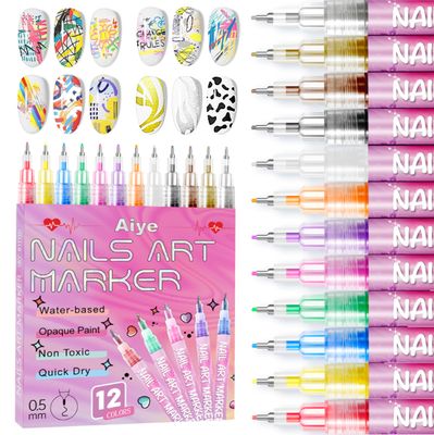 AOKELEON 12 Colors Nail Art Pens Set, 3D Quick-Dry 0.5MM Acrylic Nail Polish Pens with Dotting Liner - Nail Design Kit for Home, Salon DIY Manicure Tools, Nail Art Drawing &amp; Decoration
