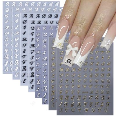 8 Sheets Retro English Letters Nail Stickers for Nail Art 3D Self-Adhesive Black White Gold Silver Design Nail Decals Pegatinas Uas Personalized Letter Nail Art Stickers for Women DIY Manicure Tip