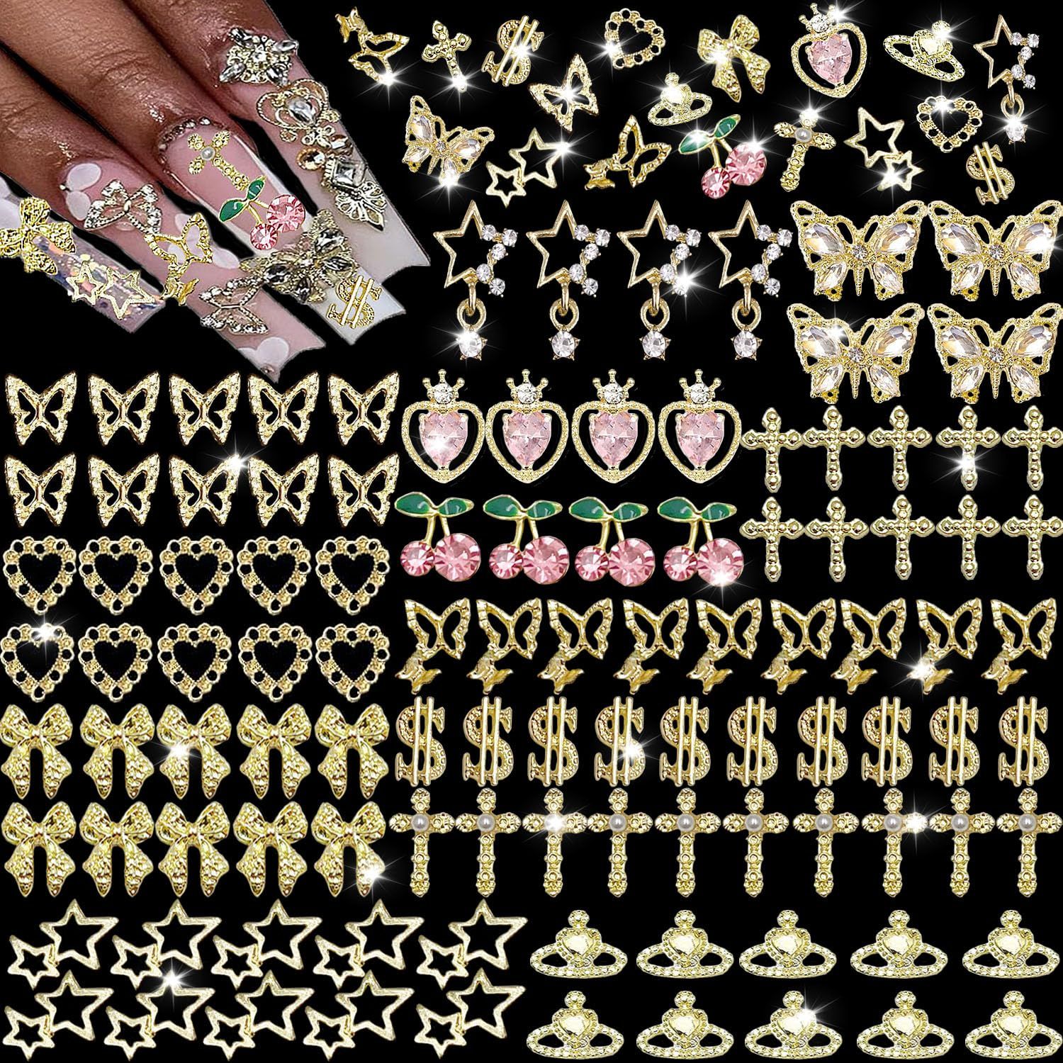 KACHIMOO 106 PCS Gold Nail Charms 3D Nail Art Charms Cherry Butterfly Cross Bow Star Heart Dollar 3D Nail Gems for Women Nail Art DIY Design