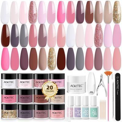 Aokitec 36PCS Dip Powder Starter Nail Kit - 20 Colors Dip Powder Set with Dip Base &amp; Top Coat Activator Brush Saver Liquid Set Clear Build Powder Basic Dip Nail Tools for Salon Home French Dip Nails