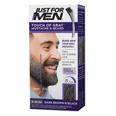 Just For Men Touch of Gray Mustache &amp; Beard, Beard Coloring for Gray Hair with Brush Included for Easy Application, Great for a Salt and Pepper Look - Dark Brown &amp; Black, B-45/55, Pack of 1