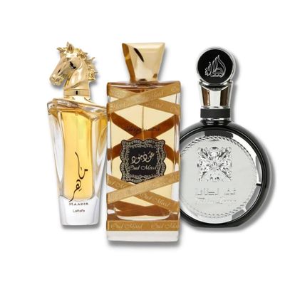 Lattafa for Unisex 3 Piece Eau de Parfum Gift Set (Maahir Fakhar for Men Oud Mood Elixir) 3.4 Ounce/100 ml each
