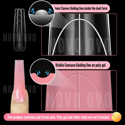 NOVO OVO Tapered Square (Sculpted) Nail Dual Forms for Poly Gel Extension with Guiding Line Inside, XL XXL Reusable Full Cover Acrylic Builder Hard Gel Polygel Molds x 15 sizes 150 Pcs