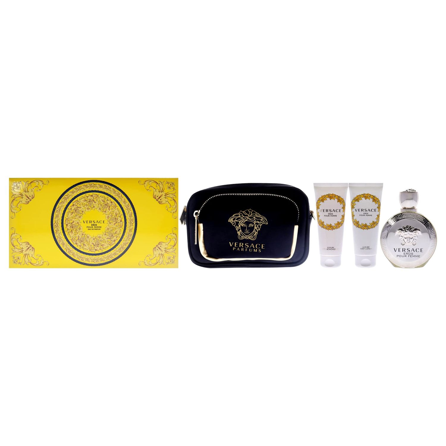 Versace Eros Pour Femme Gift Set: 3.4oz EDP Spray, Body Lotion, Bath and Shower Gel, Clutch for Women