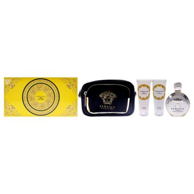 Versace Eros Pour Femme Gift Set: 3.4oz EDP Spray, Body Lotion, Bath and Shower Gel, Clutch for Women