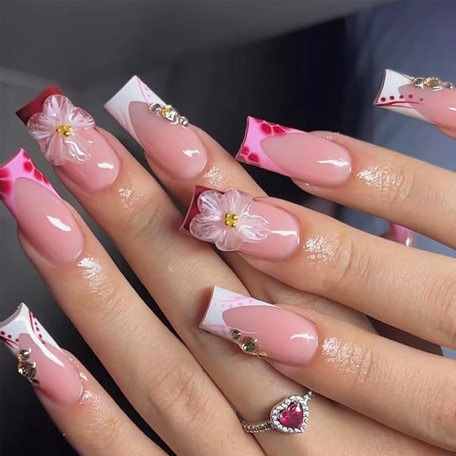 24 Pcs Pink Press on Nails Long Square Fake Nails French Tip Glue on Nails with 3D Flower Rhinestones Designs Spring Acrylic False Nails Full Cover Stick on Nails for Women Girls Manicure Decoration