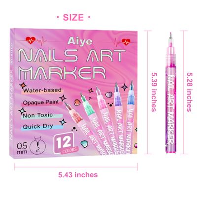 AOKELEON 12 Colors Nail Art Pens Set, 3D Quick-Dry 0.5MM Acrylic Nail Polish Pens with Dotting Liner - Nail Design Kit for Home, Salon DIY Manicure Tools, Nail Art Drawing &amp; Decoration