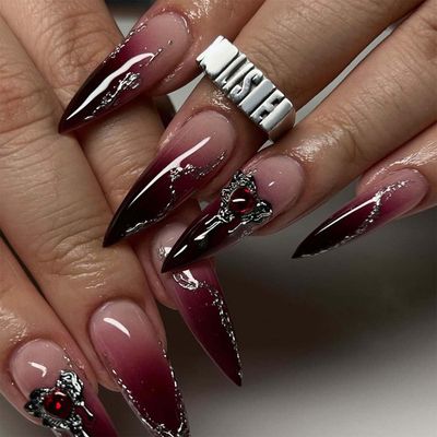 Stiletto Press on Nails Red Fake Nails Press ons with Heart Nail Charms Designs Long Ombre False Nails Acrylic Nails Full Cover Glue on Nails Artificial Stick on Nails for Women Manicure 24 Pcs