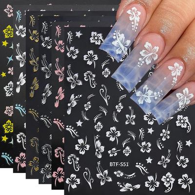 Qdsuh Flower Nail Stickers, Hibiscus Nail Decals 3D Self-Adhesive White Pink Gold Flower Pattern Summer Hibiscus Nail Design Manicure Tropical Nail Accessories for Women Girls(6Sheets), FHJKMG01
