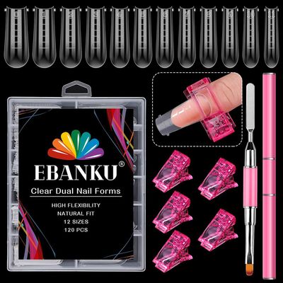 EBANKU 100 PCS Clear Nail Extension Form Tips Dual Nail Mold Full Cover UV Polygel Gel Tools Acrylic Nail System Forms Set with Black Dual-Ended Polygel Brush &amp; Picker 5Pcs Nail Tips Clip (Coffin