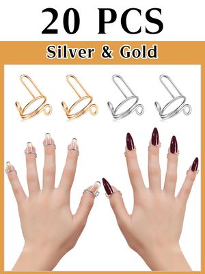 TOROKOM 20Pcs Wudu Nail Rings with Adhesive Nail Tabs, No Glue Reusable Adjustable Fingernail Rings Set for Acrylic Nail, Non-Tarnish Metal Nails Rings for Women Nail Art Decor, Gold and Silver