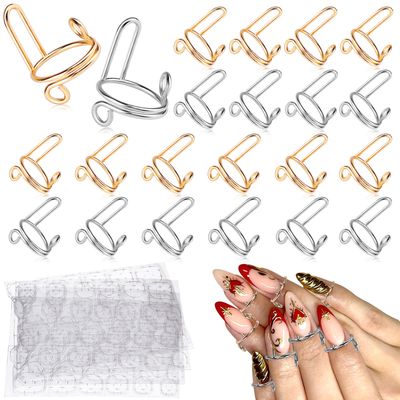 TOROKOM 20Pcs Wudu Nail Rings with Adhesive Nail Tabs, No Glue Reusable Adjustable Fingernail Rings Set for Acrylic Nail, Non-Tarnish Metal Nails Rings for Women Nail Art Decor, Gold and Silver