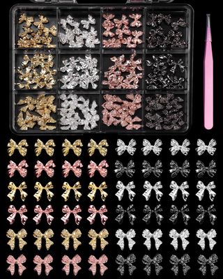 120 Pcs Alloy Bow Nail Charms and Gems, Silver Gold Black Bowknot Metal Nail Art Charms, Shiny Luxury Cute Bow Nail Jewelry for Nails Design Manicure Accessories