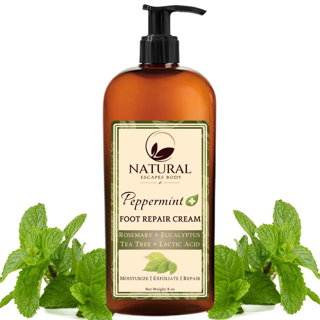 Natural Escapes Peppermint, Rosemary, Eucalyptus &amp; Tea Tree Oil Foot Cream for Dry Feet, Cracked Heels, Calluses, Athletes Foot - Heel Repair Cream for Women &amp; Men (8 oz)
