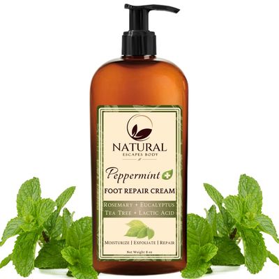 Natural Escapes Peppermint, Rosemary, Eucalyptus &amp; Tea Tree Oil Foot Cream for Dry Feet, Cracked Heels, Calluses, Athletes Foot - Heel Repair Cream for Women &amp; Men (8 oz)