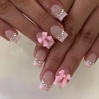 24Pcs Square Press on Nails Medium Length Fake Nails with Rhinestone Designs Bow Pink French Tip False Nails Cute Glue on Nails Full Cover Reusable Stick on Nails for Women Girls Manicure Kit