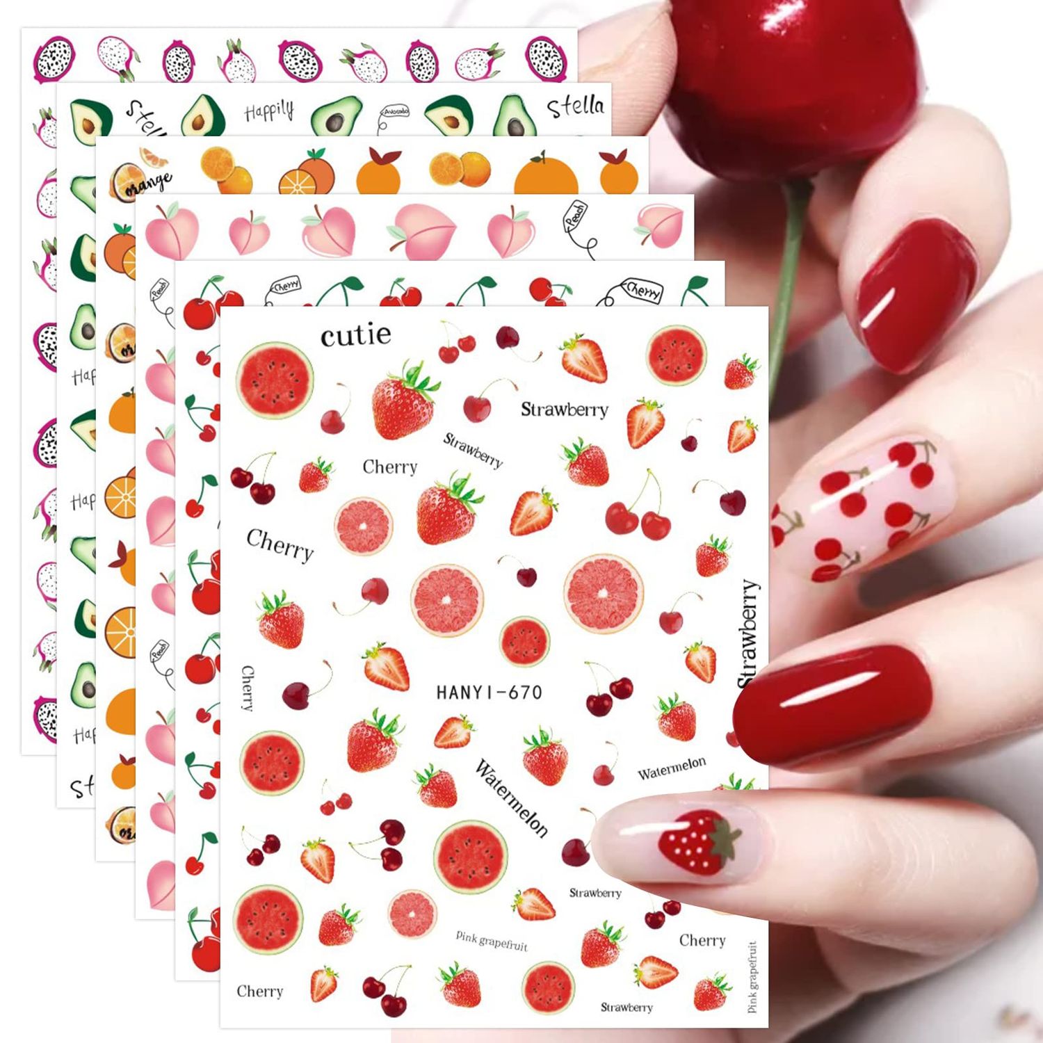JMEOWIO 12 Sheets Fruit Nail Art Stickers Decals Self-Adhesive Pegatinas Uas Strawberry Watermelon Lemon Nail Supplies Nail Art Design Decoration Accessories