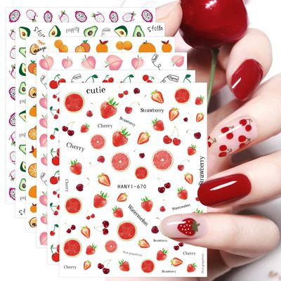 JMEOWIO 12 Sheets Fruit Nail Art Stickers Decals Self-Adhesive Pegatinas Uas Strawberry Watermelon Lemon Nail Supplies Nail Art Design Decoration Accessories