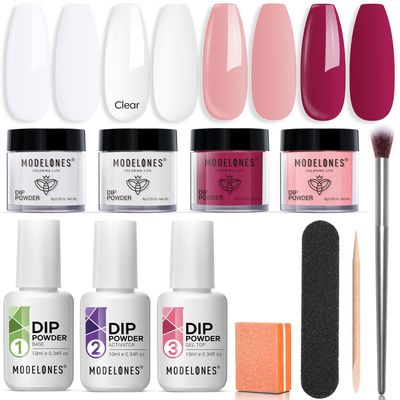 Modelones Dip Powder Nail Kit Starter, 4 Colors Clear White Nude Pink Red Dipping Powder Liquid Set with Base Top Coat Activator Nail Art Beginner DIY Salon