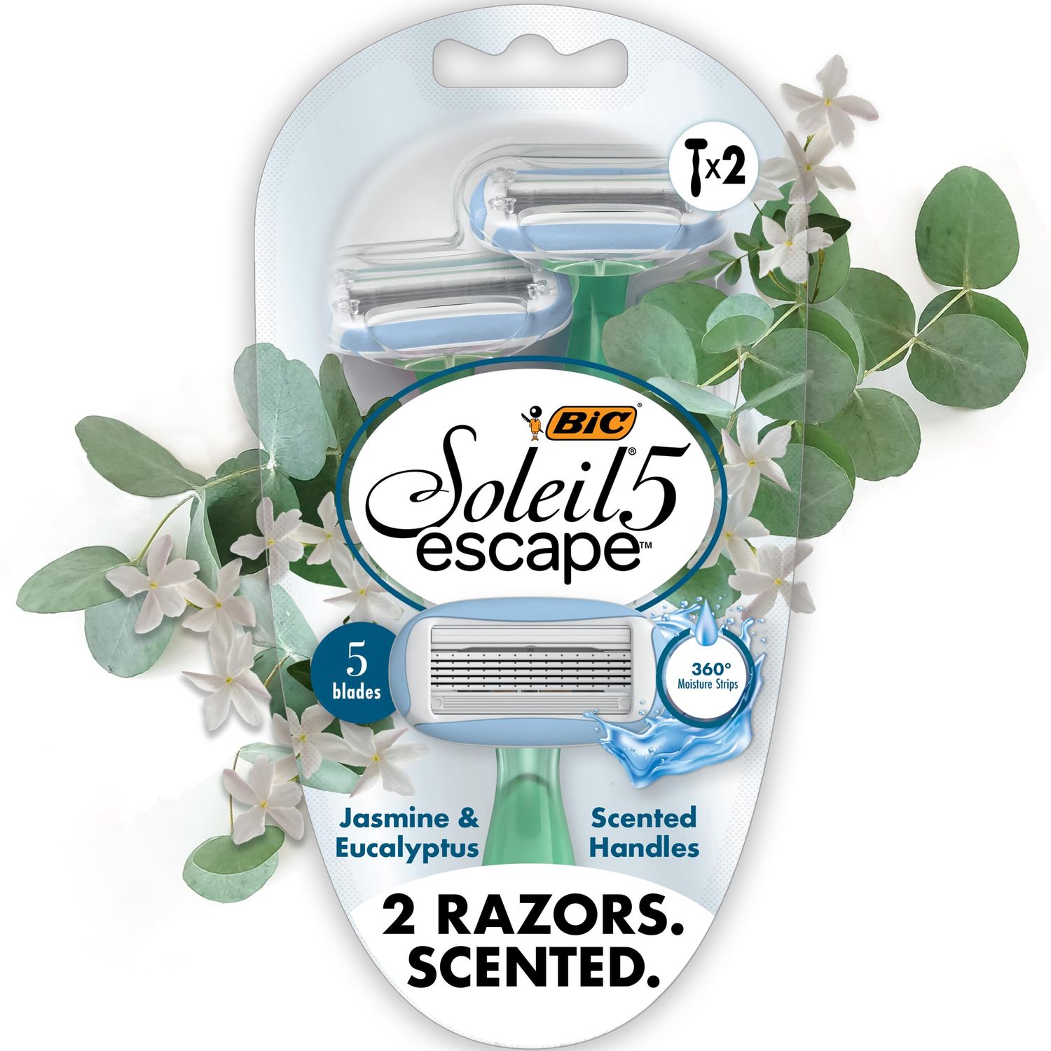 BIC Soleil Escape Womens Disposable Razors With 5 Blades for a Sensorial Experience and Comfortable Shave, Pack of Jasmine &amp; Eucalyptus Scented Handle Shaving Razors for Women, 2 Count
