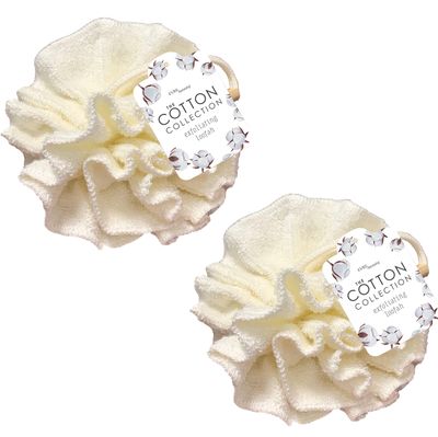 Cotton Collection Exfoliating Shower Pouf, 2 Pack, White