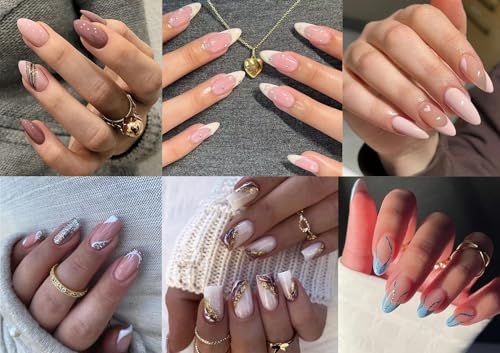 Eliongpu 6 Packs (144 Pcs) Press on Nails Medium False Nails Almond and Square Full Cover Stick on Nail Artificial Acrylic Fake Nails DIY Manicure with Adhesive Tabs for Nail Art