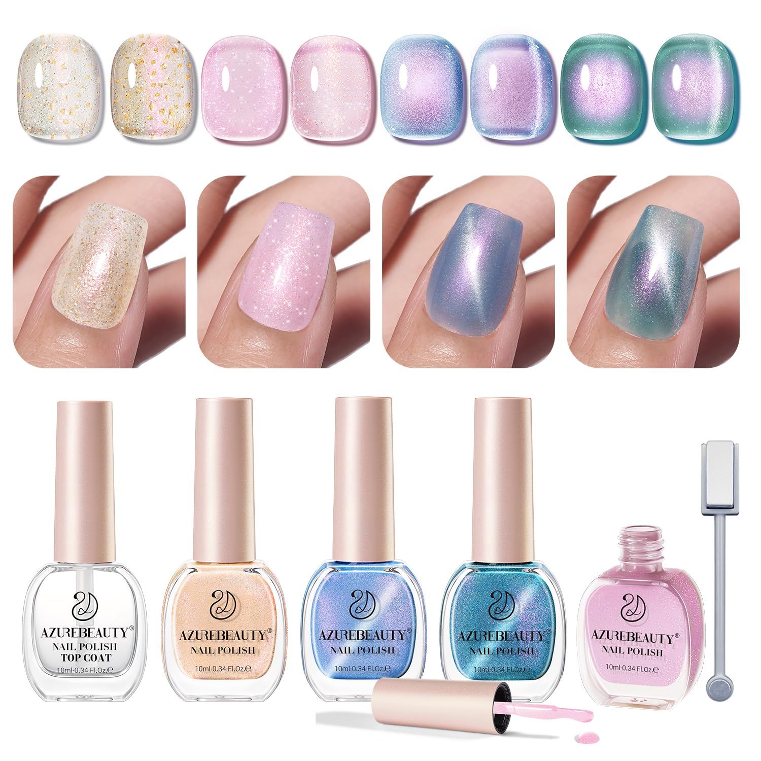 AZUREBEAUTY Cat Eye Nail Polish Set Quick Dry Long Lasting 4 Colors Magnetic Shimmer Chrome Glitter Natural Nail Lacquer Fingernail Kit with Top Coat Nail Polish DIY Salon Home