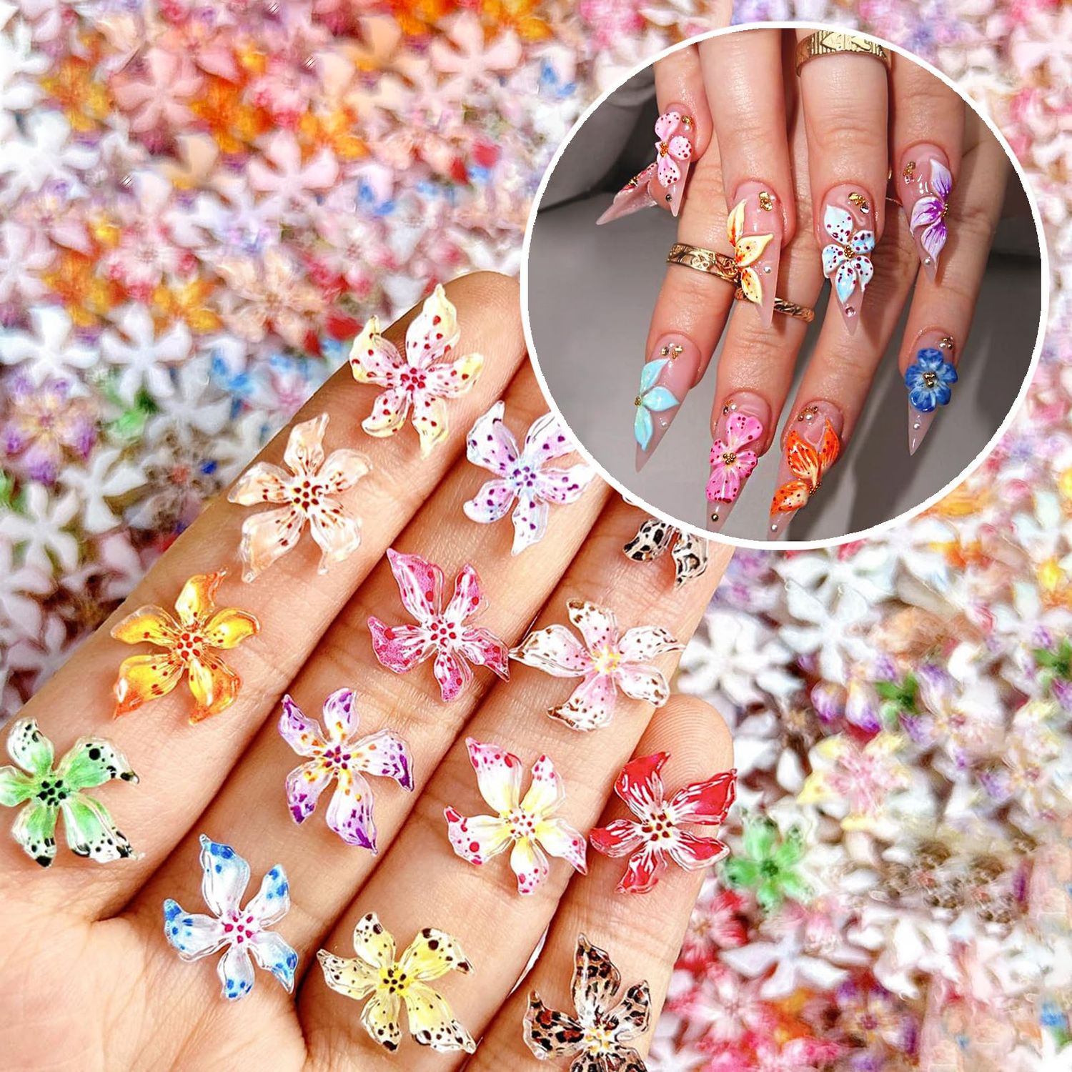 UEYRSED 60PCS 3D Flower Nail Charms Hibiscus Floral Nail Gems Spring Summer Nail Jewelry with Tiny Rhinestones Acrylic Nail Art Supplies for Women Colorful Ice Lily Nail Design and DIY Crafts