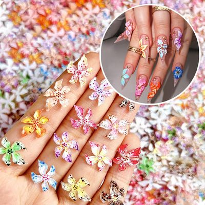 UEYRSED 60PCS 3D Flower Nail Charms Hibiscus Floral Nail Gems Spring Summer Nail Jewelry with Tiny Rhinestones Acrylic Nail Art Supplies for Women Colorful Ice Lily Nail Design and DIY Crafts
