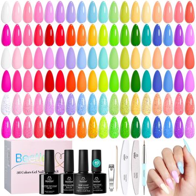 Beetles Summer Gel Nail Polish 36 Colors Neon Rainbow Bright Color Gel Polish Set with Base Coat Glossy Matte &amp; Glitter Top Coat Pink Red Yellow Manicure Tools Gifts for Women