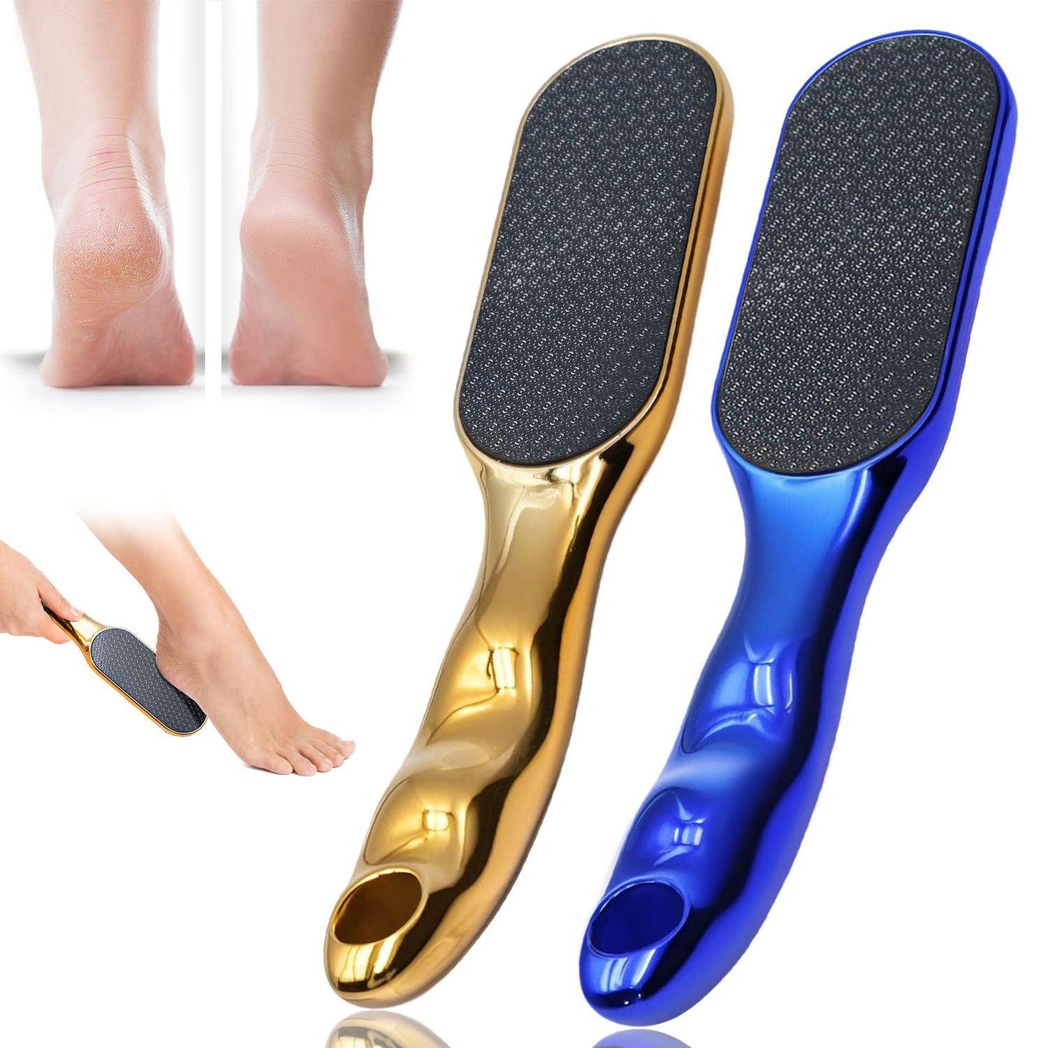 2 Pcs Veinsgrain Foot File, Nano Glass Foot File Hard Skin Remover with Non-Slip Ergonomic Handle, Professional Foot Care Tools for Smooth Feet(GoldBlue)