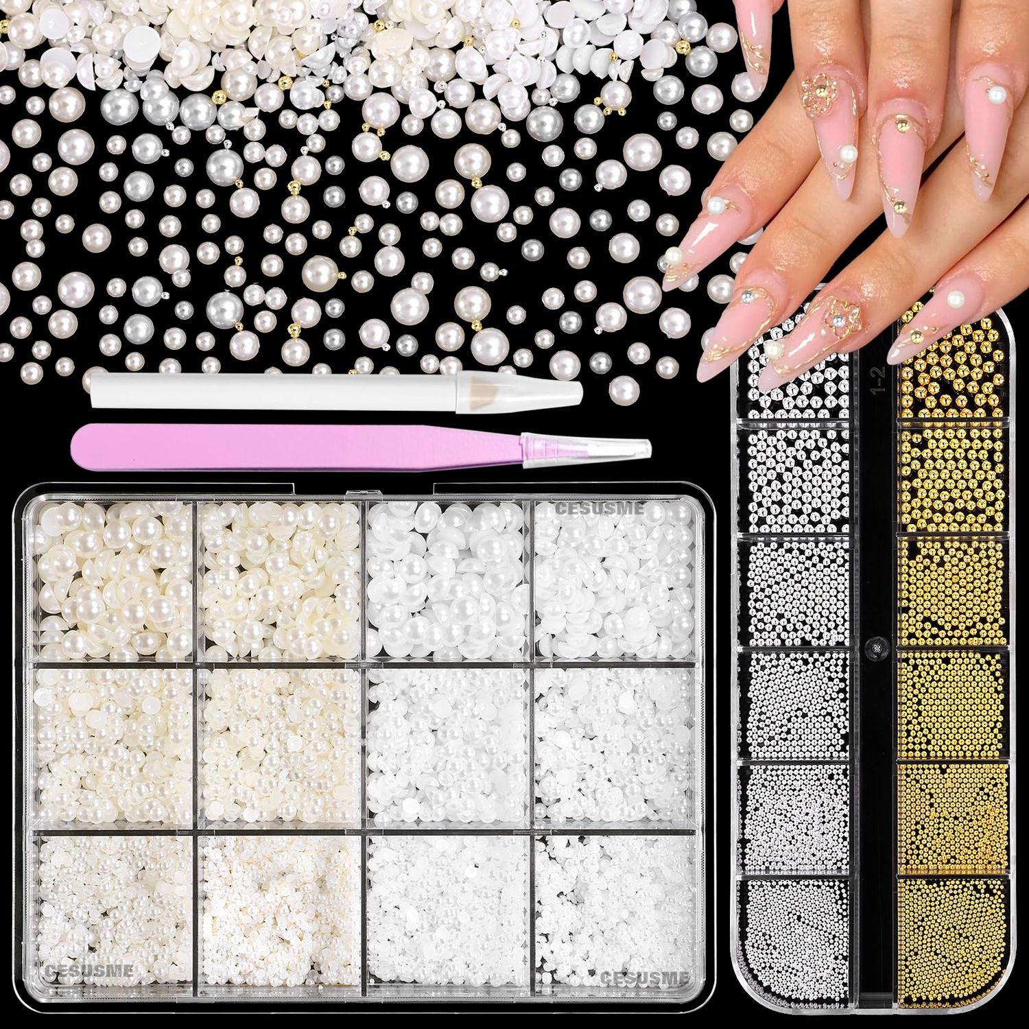 Flat Back Nail Pearls for Nails Art, Silver Gold Round Metal Caviar Beads Nail Gems, White Beige Half Pearls for Crafting, Small Beads Nail Charms for Nail Art Jewes DIY Supplies