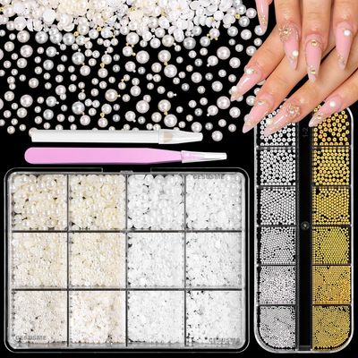 Flat Back Nail Pearls for Nails Art, Silver Gold Round Metal Caviar Beads Nail Gems, White Beige Half Pearls for Crafting, Small Beads Nail Charms for Nail Art Jewes DIY Supplies