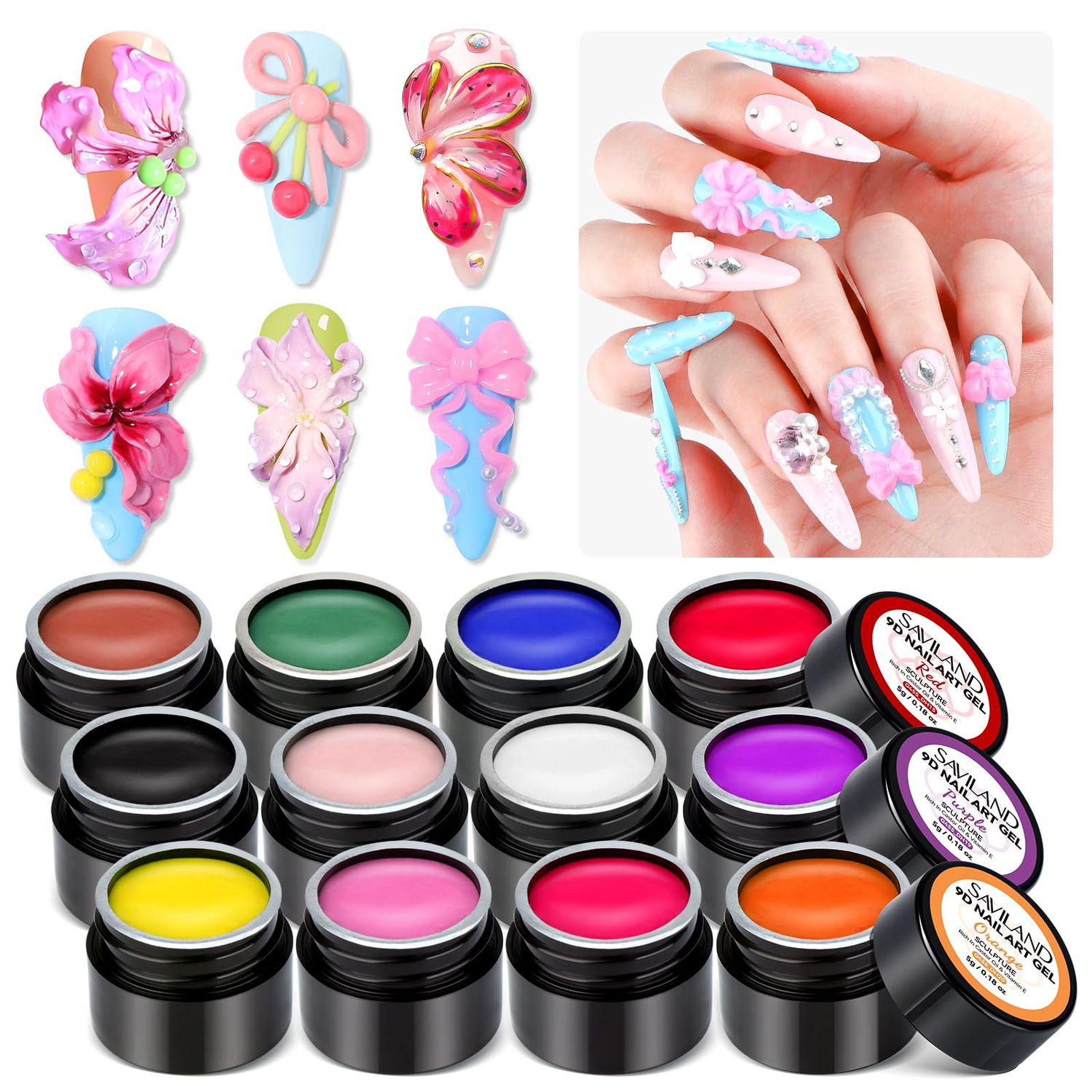 SAVILAND SSPro X 3D Nail Gel Set: 12 Colors Non-Sticky Soak Off 3D Sculpting Gel for Nail Art Painting Drawing Hand Carving Molding with Sculpture Pen for 3D Nail Art Design Home Salon Manicure DIY
