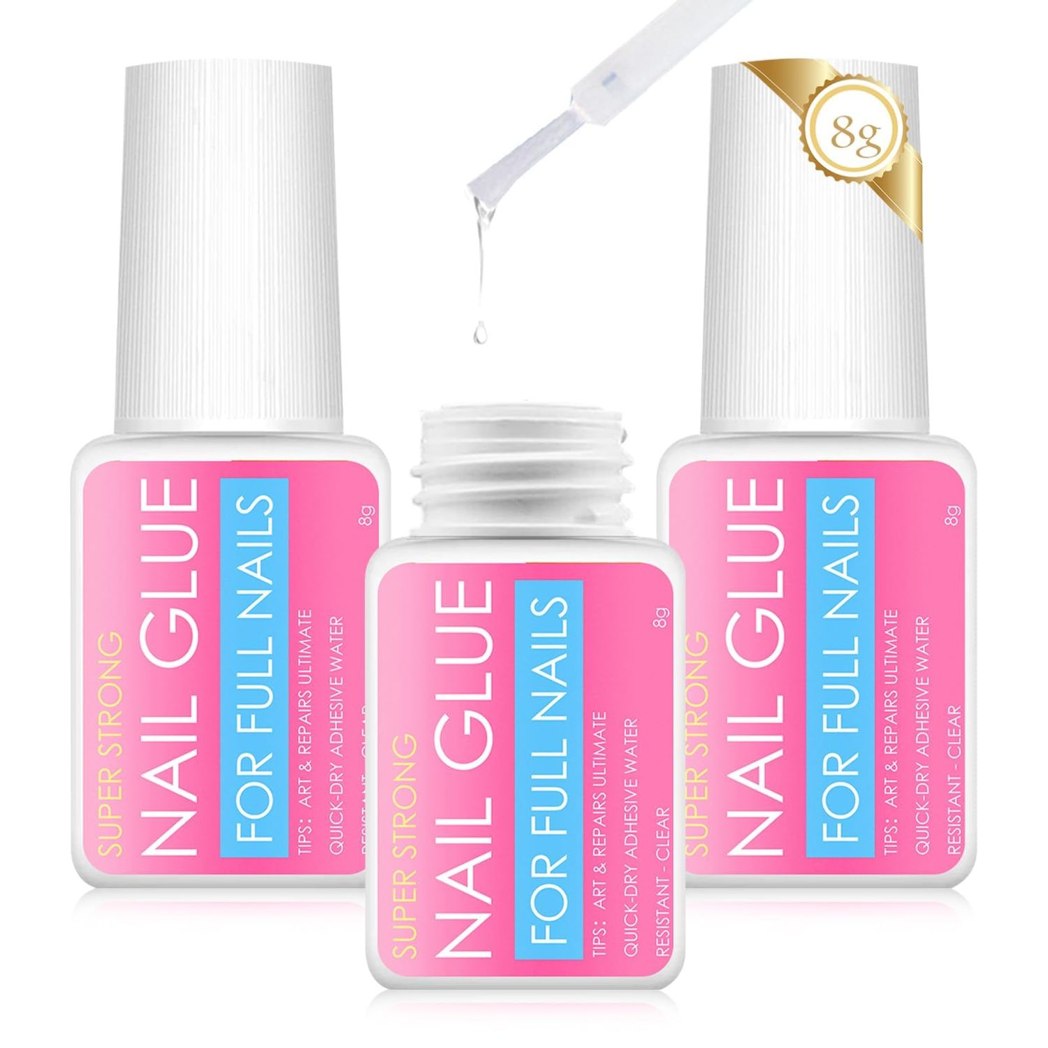 3 Bottles of 8g Nail Glue,Fast-Drying Nail Glue,Super Strong Nail Glue for Nail Tips,with Brush Nail Glue for Acrylic Nails,Super Strong Nail Glue for for Press Ons Super Strong